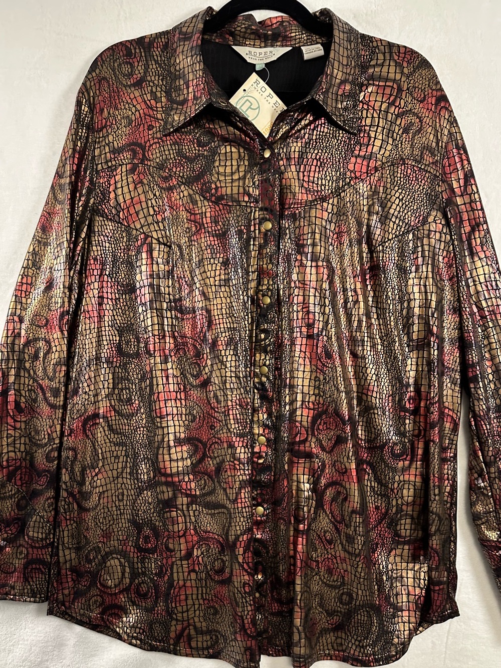 Roper Metallic Snake-Print Button-Down Shirt - Bronze, Pink,Black- Western Chic